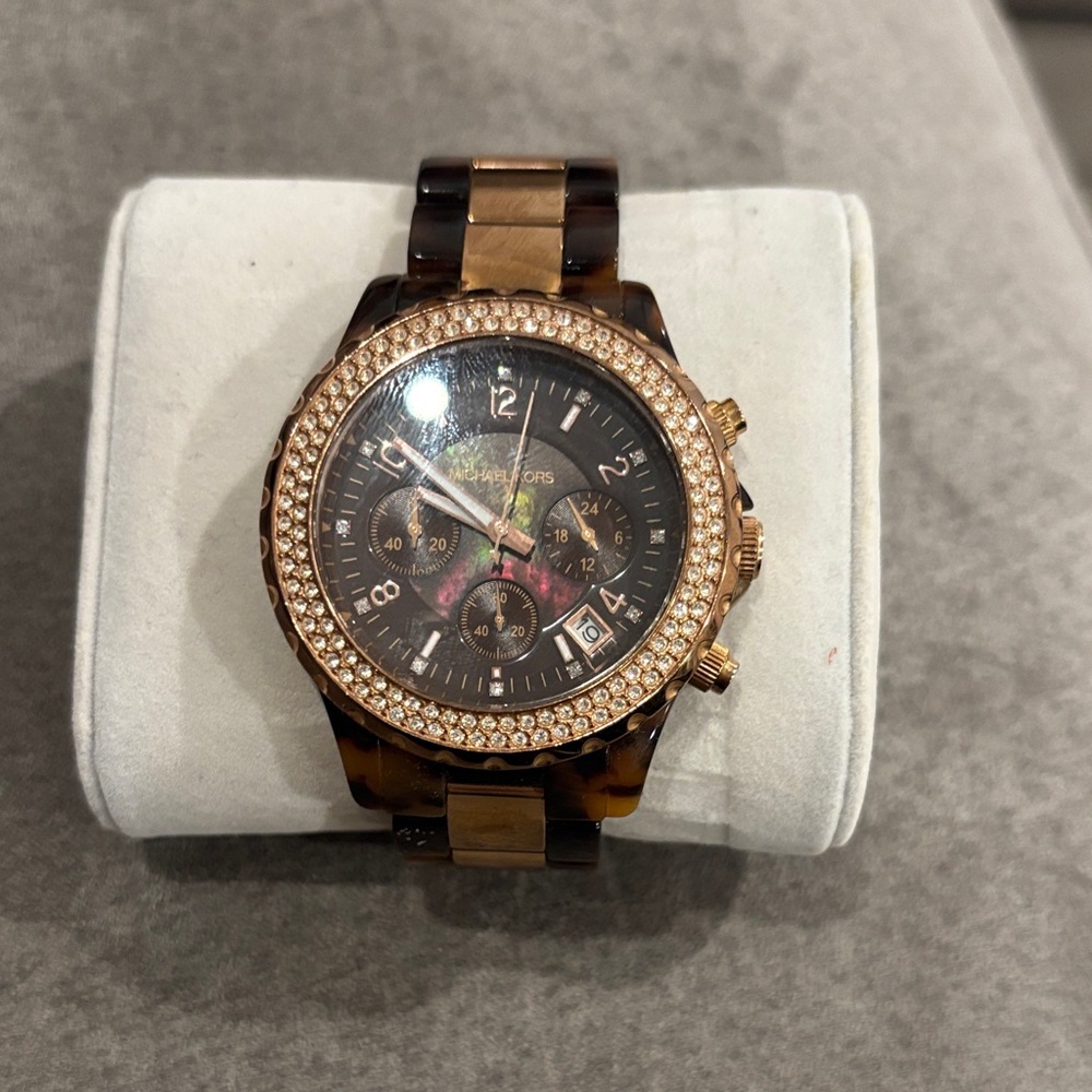 Michael Kors Rose Gold & Tortoiseshell Crystal-Trim Chronograph Watch